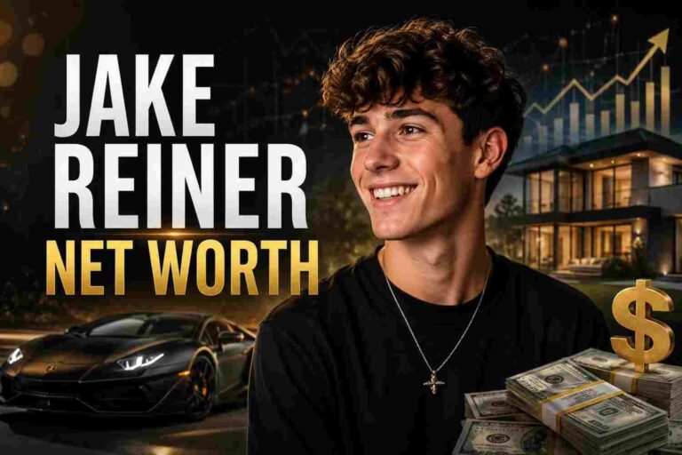 Jake Reiner net worth banner graphic featuring cash stacks, luxury home, sports car, and financial growth charts
