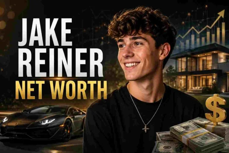 Jake Reiner net worth banner graphic featuring cash stacks, luxury home, sports car, and financial growth charts