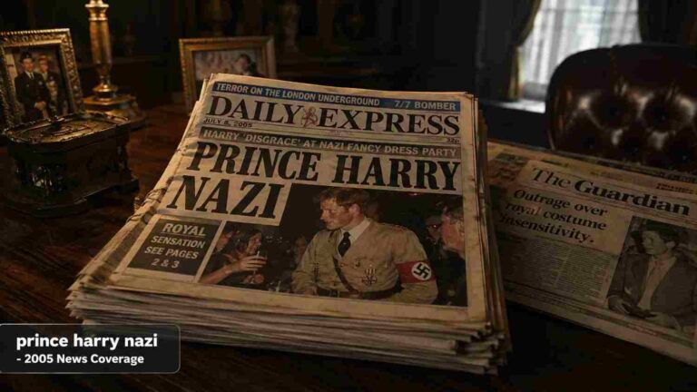 Vintage Daily Express newspaper front page covering the prince harry nazi costume scandal from 2005 displayed on a royal wooden desk.