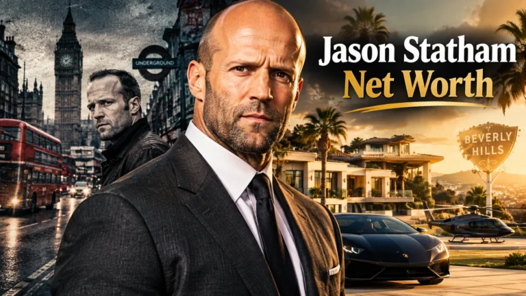 Jason Statham net worth graphic showing his journey from London streets to a Beverly Hills luxury mansion and supercars.