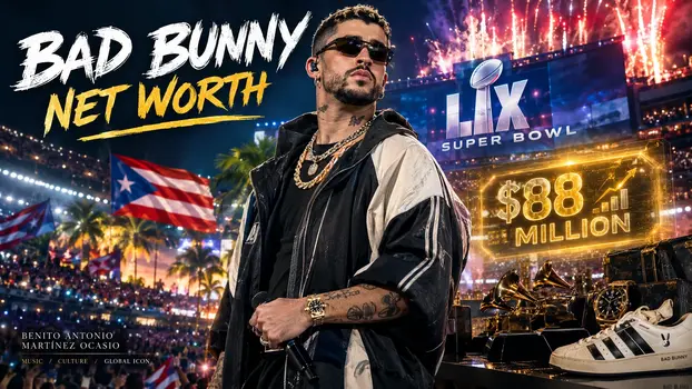 Bad Bunny onstage with a Puerto Rican flag, Grammy trophies and an estimated $88 million net worth graphic.
