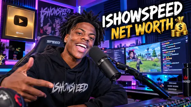 IShowSpeed smiling at his streaming microphone setup with his gold YouTube play button in the background for ishowspeed net worth breakdown.