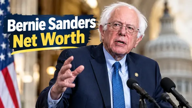U.S. Senator Bernie Sanders speaking at a Capitol Hill press conference podium with Bernie Sanders Net Worth title overlay.