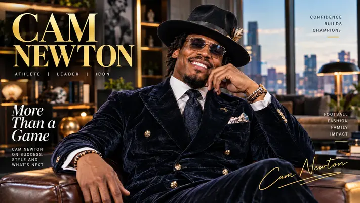Cam Newton smiling in a double-breasted velvet suit and wide-brim hat on a lifestyle magazine cover featuring his net worth, family, and life story.