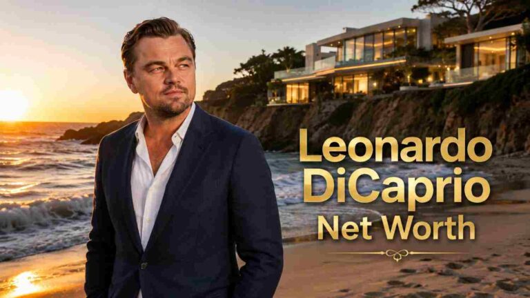 Leonardo DiCaprio net worth 2025 – actor in navy blazer on luxury beach with cliffside mansion at sunset