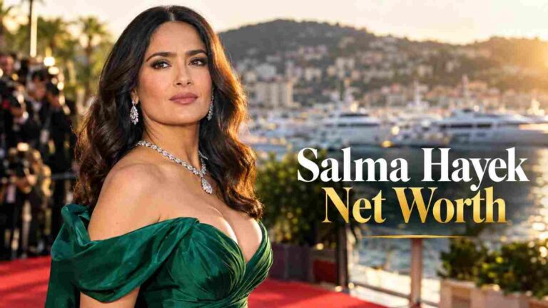 Salma Hayek net worth 2025 – actress in emerald green off-shoulder gown and diamond jewelry on red carpet with luxury yachts and coastal city backdrop