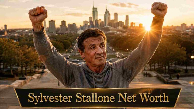 Sylvester Stallone net worth 2025 – standing with raised fists in a grey hoodie overlooking a city skyline in an iconic Rocky style pose