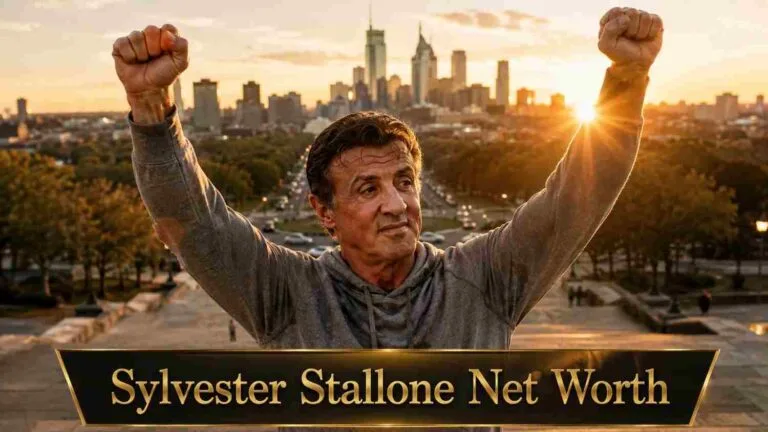 Sylvester Stallone net worth 2025 – standing with raised fists in a grey hoodie overlooking a city skyline in an iconic Rocky style pose