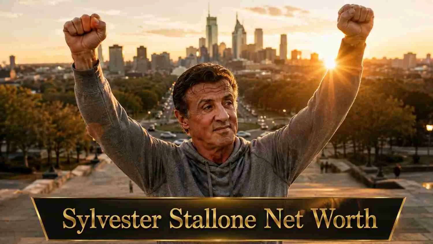 Sylvester Stallone net worth 2025 – standing with raised fists in a grey hoodie overlooking a city skyline in an iconic Rocky style pose