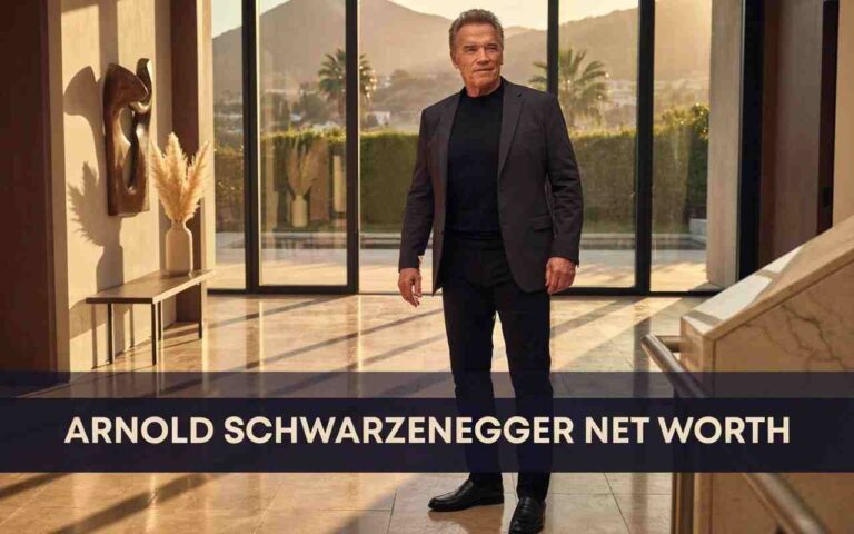 Arnold Schwarzenegger in a dark suit standing inside a modern luxury mansion, reflecting the immense Arnold Schwarzenegger net worth and real estate empire.