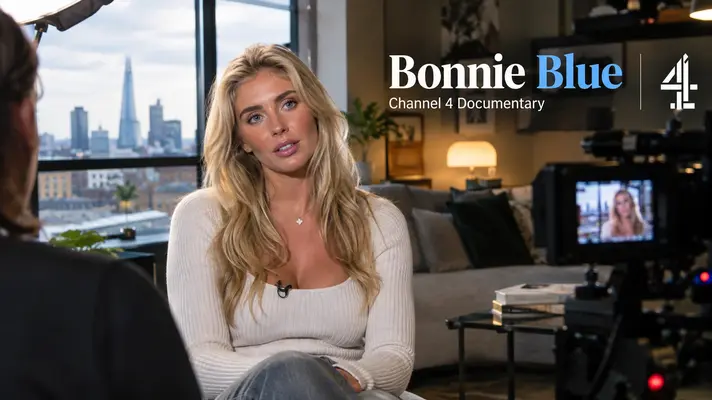 Bonnie Blue sitting for Channel 4 documentary interview in a London apartment