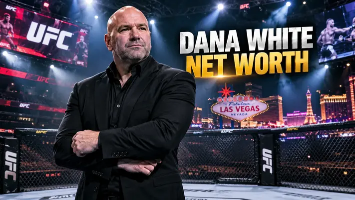UFC President Dana White standing inside an arena octagon with a Las Vegas background graphic for a Dana White net worth breakdown.