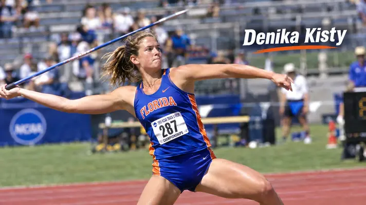 Alt Text: Denika Kisty throwing a javelin in her Florida Gators uniform at the NCAA Track and Field Championships.