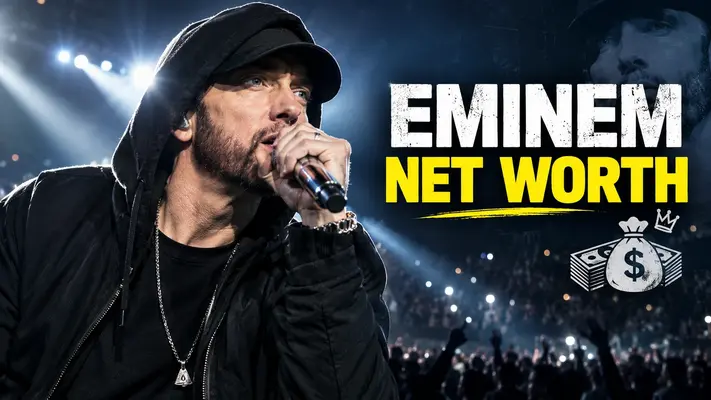 Eminem performing live on stage in a hoodie holding a microphone alongside text displaying Eminem Net Worth