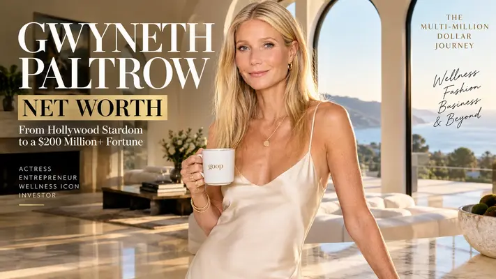 Gwyneth Paltrow net worth 2025 cover showing the actress in a cream silk dress holding a Goop mug in her Malibu home