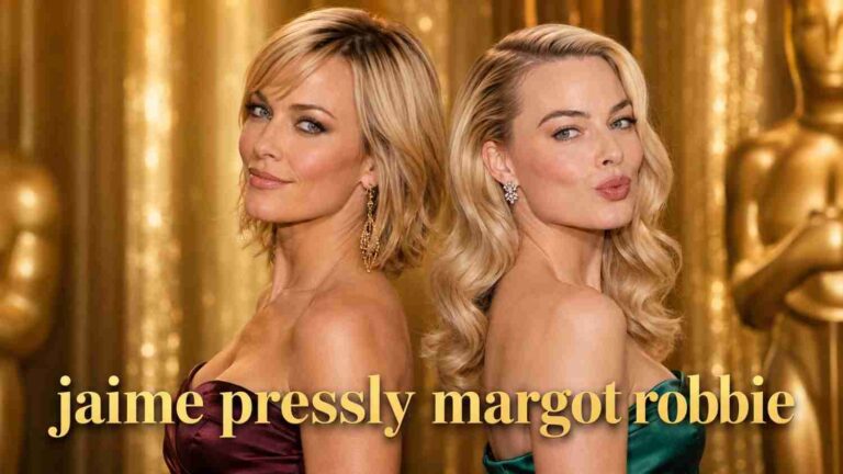 Jaime Pressly in maroon gown standing back-to-back with Margot Robbie in emerald green dress on a gold Hollywood red carpet.