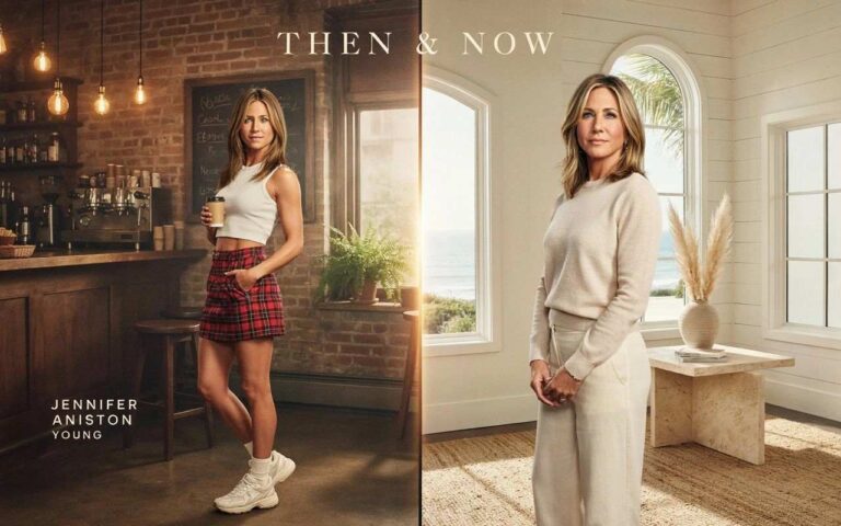 Jennifer Aniston young in 90s plaid skirt coffee shop vs now in modern beach house then and now