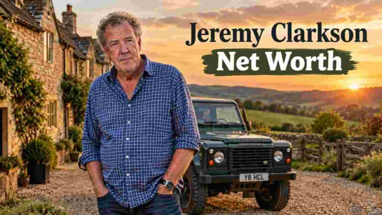 Jeremy Clarkson standing in front of his Cotswolds farmhouse and green Land Rover at sunset – Jeremy Clarkson net worth 2025