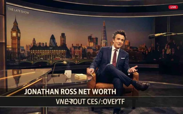 Jonathan Ross net worth 2025 – British TV host on The Jonathan Ross Show set with London skyline