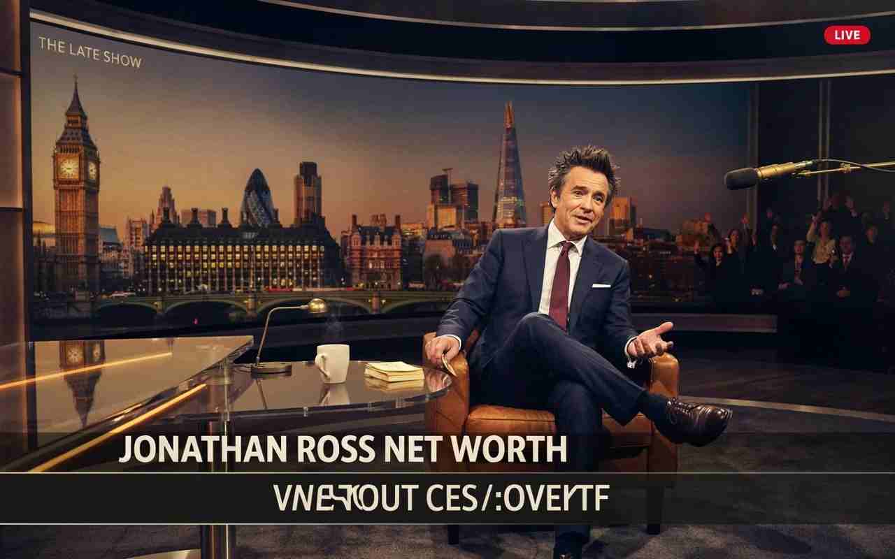 Jonathan Ross net worth 2025 – British TV host on The Jonathan Ross Show set with London skyline