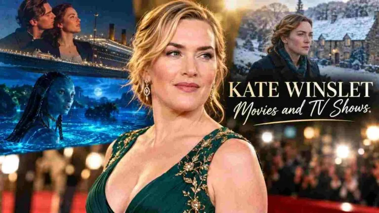 Kate Winslet red carpet portrait featuring iconic movie scenes from Titanic, Avatar, and The Holiday.