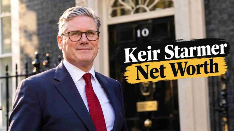 Sir Keir Starmer smiling in a navy suit outside 10 Downing Street with text overlay reading Keir Starmer Net Worth.