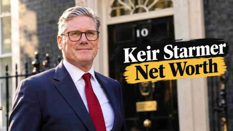 Sir Keir Starmer smiling in a navy suit outside 10 Downing Street with text overlay reading Keir Starmer Net Worth.