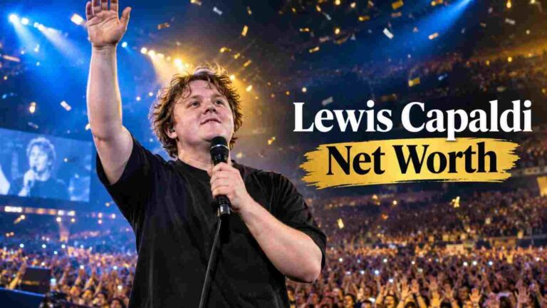 Lewis Capaldi net worth 2025 – Scottish singer performing on stage with microphone and raised hand before a sold-out arena crowd