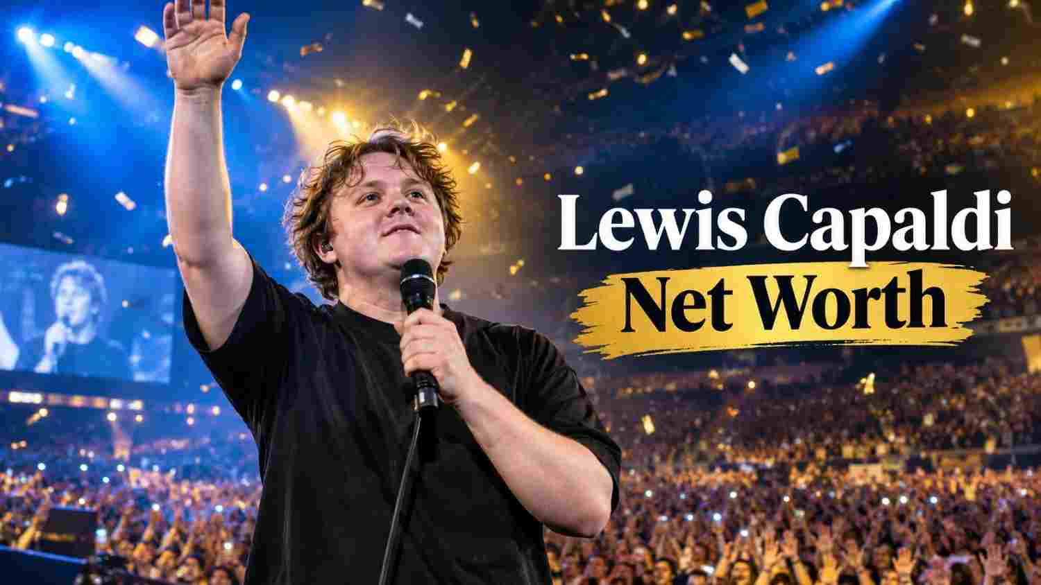 Lewis Capaldi net worth 2025 – Scottish singer performing on stage with microphone and raised hand before a sold-out arena crowd