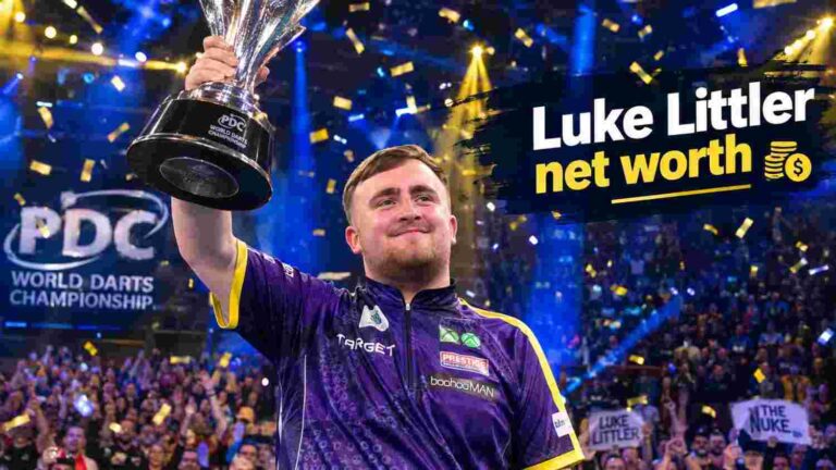 Luke Littler holding the PDC World Darts Championship trophy under falling golden confetti with Luke Littler net worth text overlay