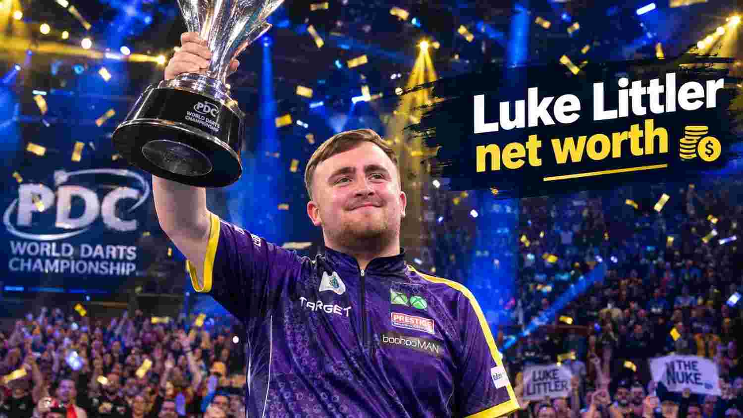 Luke Littler holding the PDC World Darts Championship trophy under falling golden confetti with Luke Littler net worth text overlay