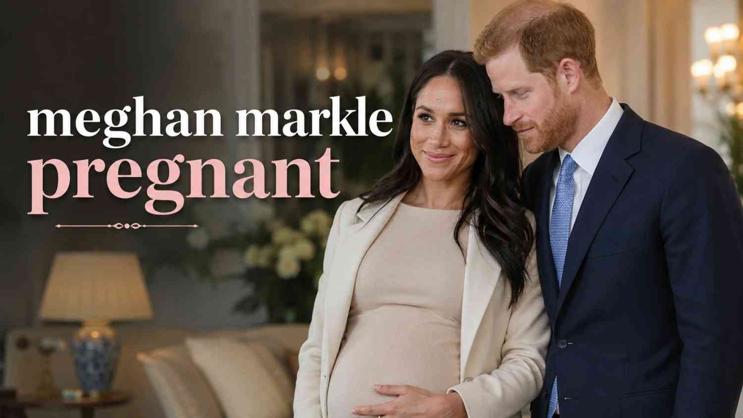 Prince Harry standing lovingly beside a pregnant Meghan Markle wearing an elegant cream blazer and nude maternity dress.