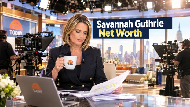 Savannah Guthrie sitting at the NBC Today show desk holding a mug and reviewing script notes, with text overlay reading Savannah Guthrie Net Worth.