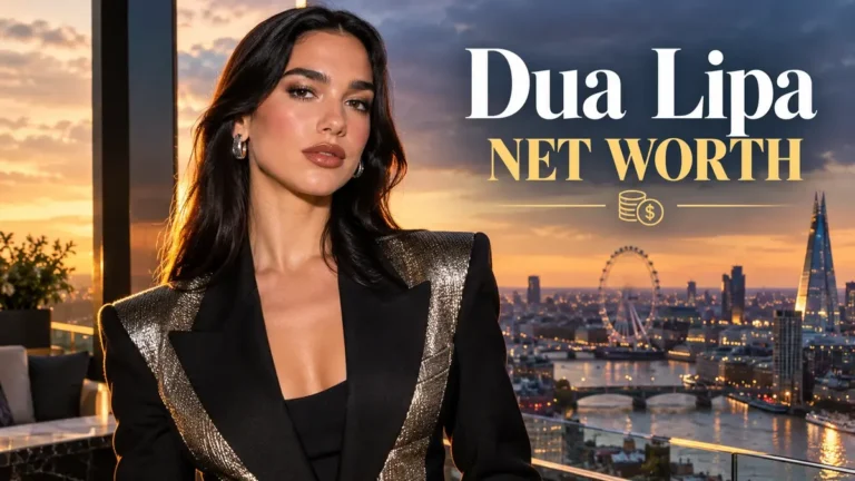 Dua Lipa standing against the London skyline in a luxury black and gold blazer with Dua Lipa net worth text overlay.