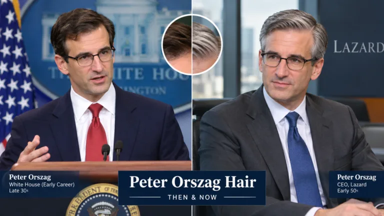 Split-screen image of Peter Orszag during his White House years and as Lazard CEO, showing his hair evolution from dark side-part to natural gray.
