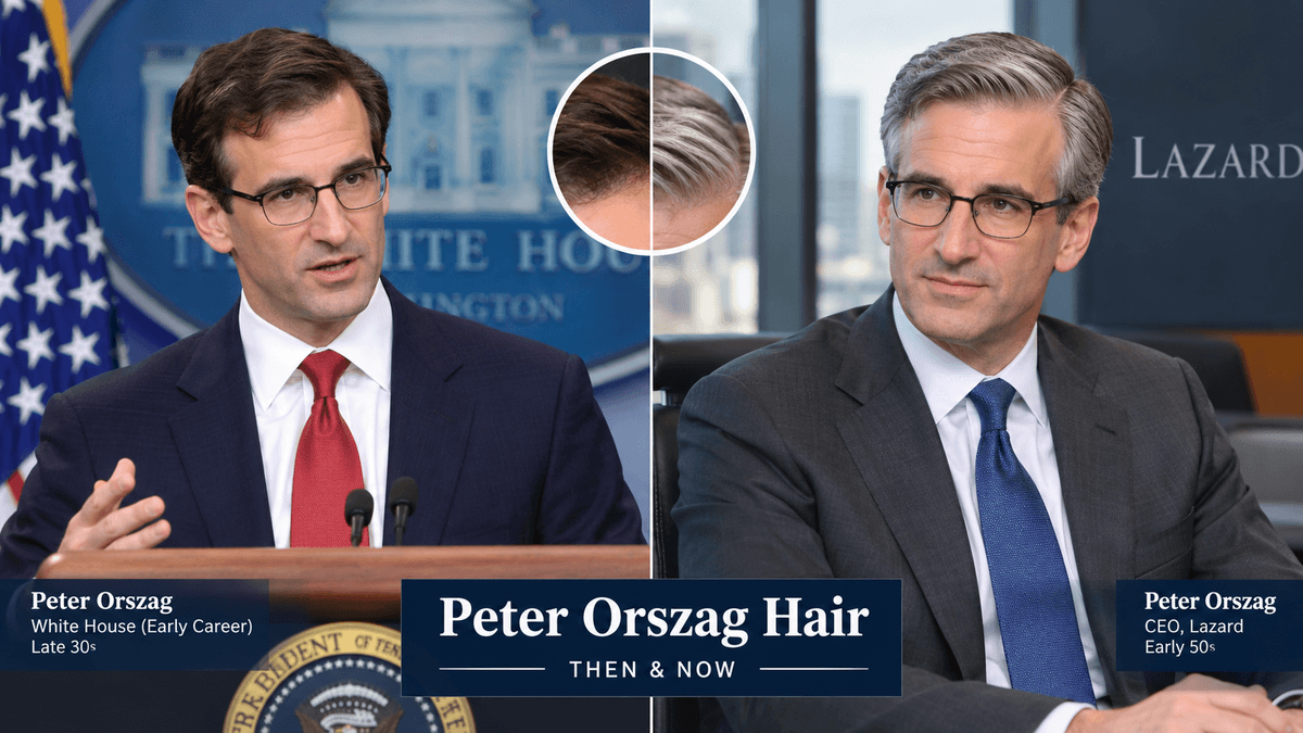 Split-screen image of Peter Orszag during his White House years and as Lazard CEO, showing his hair evolution from dark side-part to natural gray.
