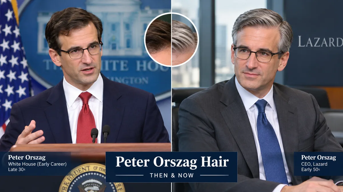 Split-screen image of Peter Orszag during his White House years and as Lazard CEO, showing his hair evolution from dark side-part to natural gray.