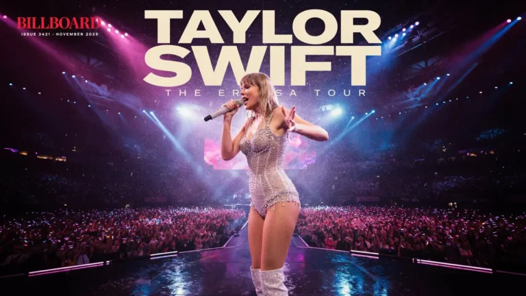Taylor Swift performing live in a silver crystal bodysuit during an Eras Tour stadium concert under rain and magenta stage lights.