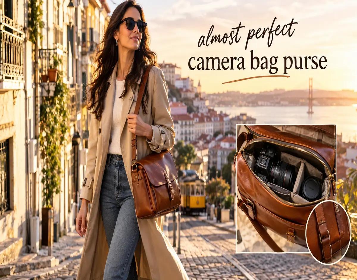 Woman carrying an almost perfect camera bag purse in cognac leather on a Lisbon street at golden hour