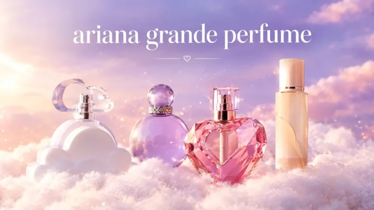 Ariana Grande perfume collection featuring Cloud, purple Moonlight sphere bottle, pink Thank U Next heart bottle, and sleek Mod Vanilla bottle set in dreamy white clouds against a pastel lavender sky.