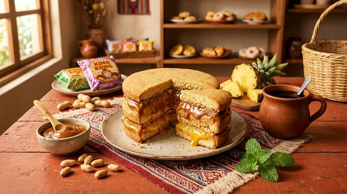 Sliced authentic King Kong dulce cookie showing layers of manjar blanco caramel, peanut butter, and pineapple jam on a rustic table with peanuts and fresh pineapple