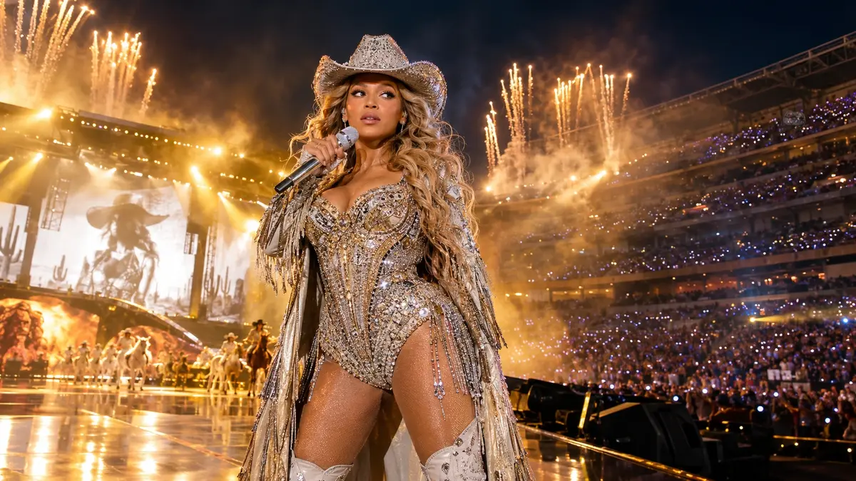 Alt Text: Beyoncé performing live on stage in a crystal cowboy hat and fringed embellished corset during her record-breaking Cowboy Carter stadium tour.