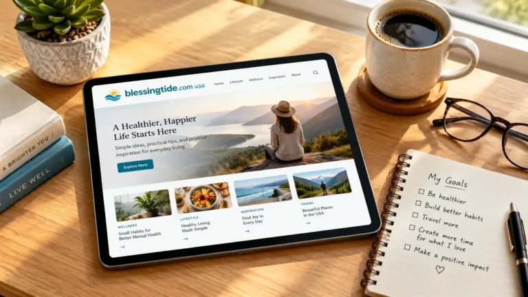 Tablet on a wooden desk displaying the Blessingtide.com USA website homepage alongside a goal-setting notepad, coffee mug, and eyeglasses