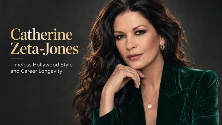 Studio portrait of Catherine Zeta-Jones wearing an emerald green velvet jacket, featuring voluminous dark wavy hair and gold jewelry.