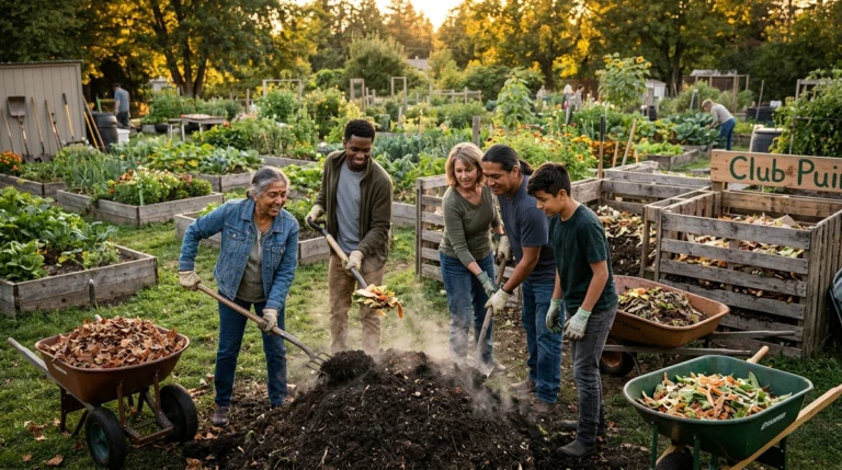 A diverse group of community members using shovels and pitchforks to turn a steaming organic compost pile in a garden next to wooden bins labeled Club Pui
