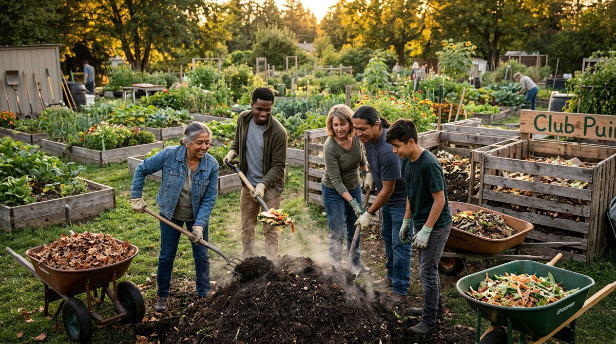 A diverse group of community members using shovels and pitchforks to turn a steaming organic compost pile in a garden next to wooden bins labeled Club Pui