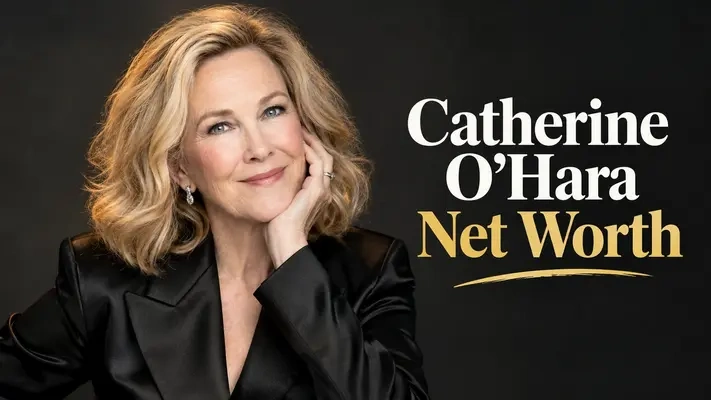 Studio portrait of Catherine O'Hara with graphic text reading Catherine O'Hara Net Worth celebrating her 10 million dollar career legacy.