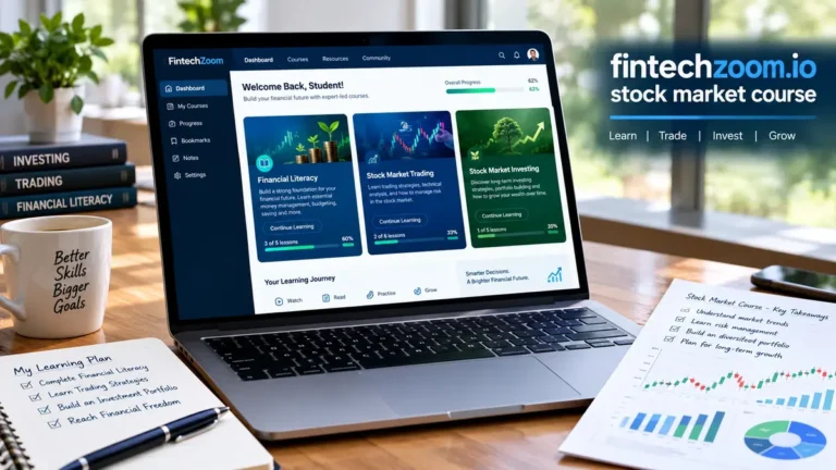 Laptop displaying the fintechzoom.io stock market course student dashboard featuring Financial Literacy, Stock Market Trading, and Stock Market Investing modules on a desk.