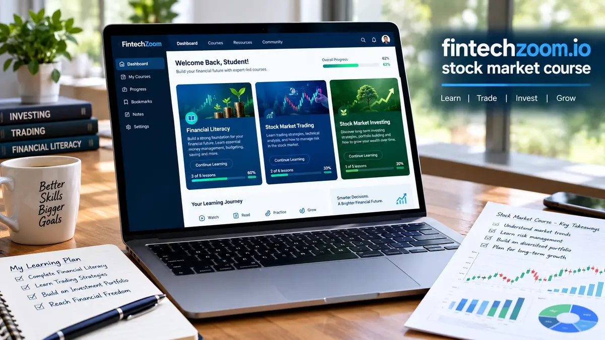 Laptop displaying the fintechzoom.io stock market course student dashboard featuring Financial Literacy, Stock Market Trading, and Stock Market Investing modules on a desk.