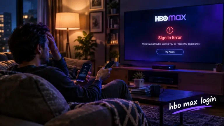 Frustrated user on a couch holding a smartphone and TV remote facing an HBO Max login sign in error message on a smart TV screen.